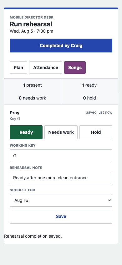 CrossTalk mobile director desk showing rehearsal readiness and service suggestions