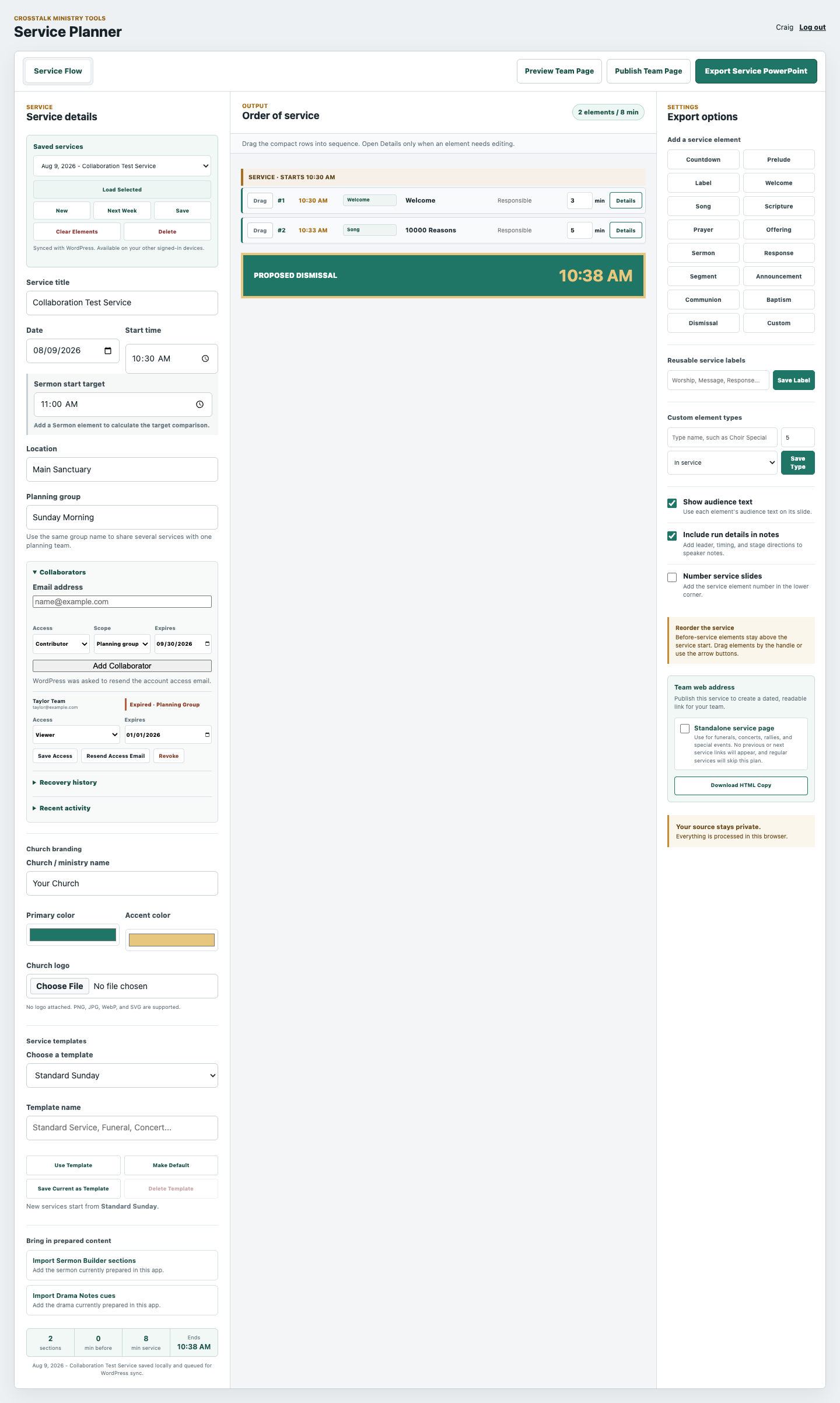 CrossTalk Service Planner with an ordered service flow, timing, collaborators, and export controls