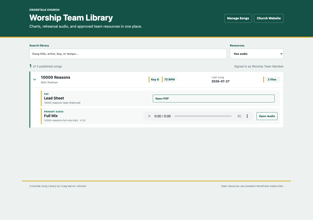 CrossTalk Song Library showing searchable worship resources and attached files